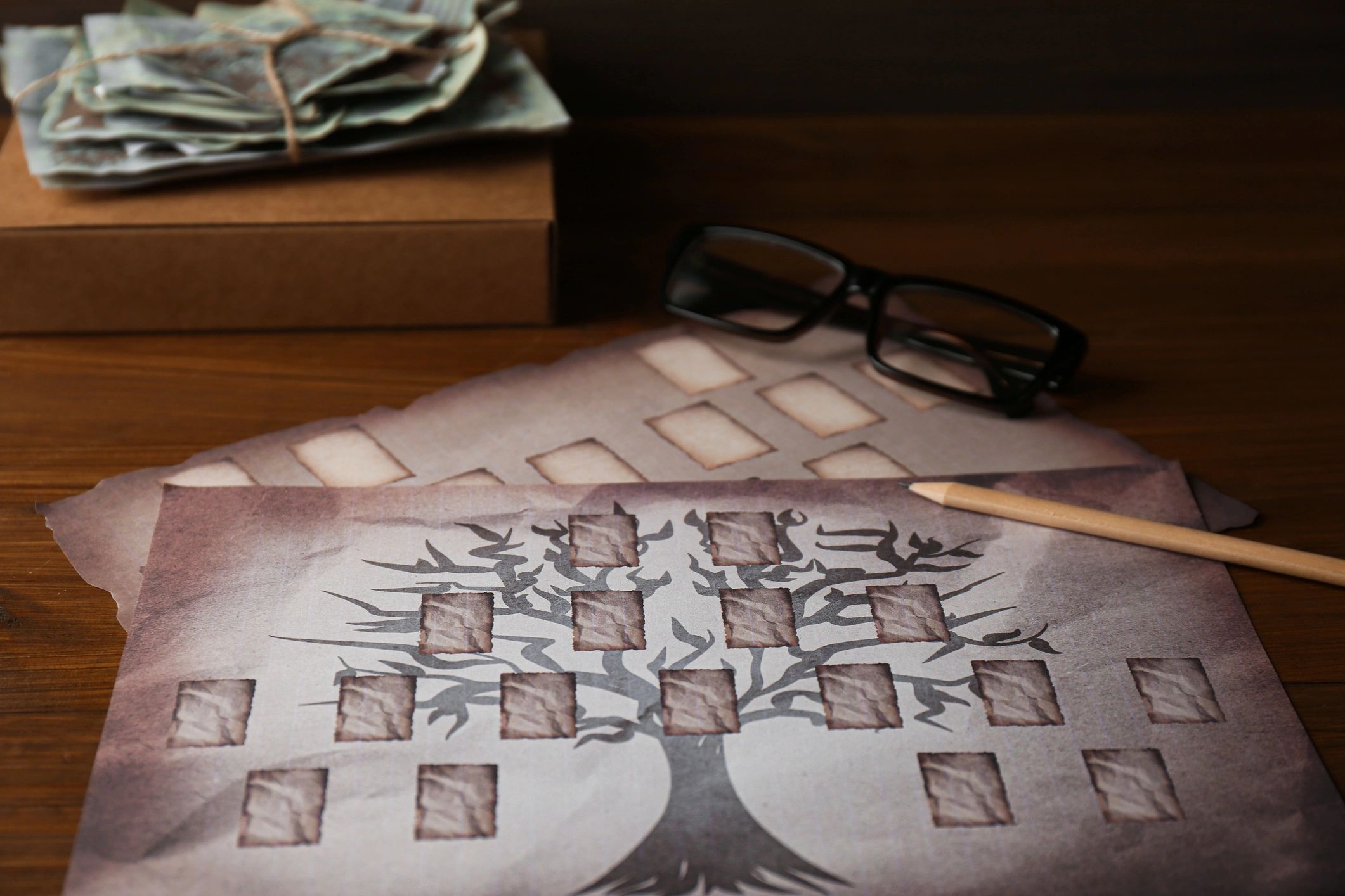 Family tree templates and old photos on a wooden table